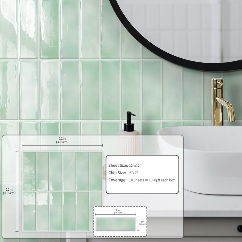 MOONFUN 10 Sheet Peel and Stick Subway Kitchen Backsplash Tiles,3D Rectangle Waterproof Self-Adhesive Wall Tile Stick on Backsplash for Kitchen,Bathroom and Fireplace(Light Green,12"×12") - Image 2